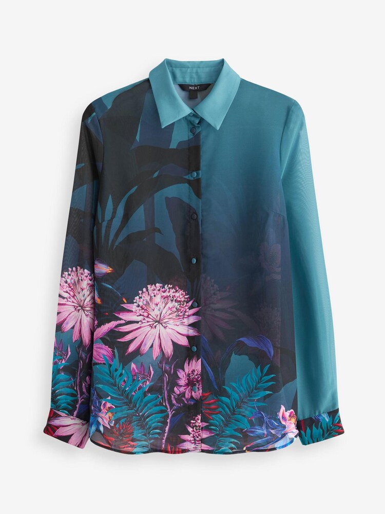 Teal Blue Placement Print Long Sleeve Print Sheer Shirt - Image 5 of 5 Teal Blue Placement Print Long Sleeve Print Sheer Shirt - Image 5 of 5