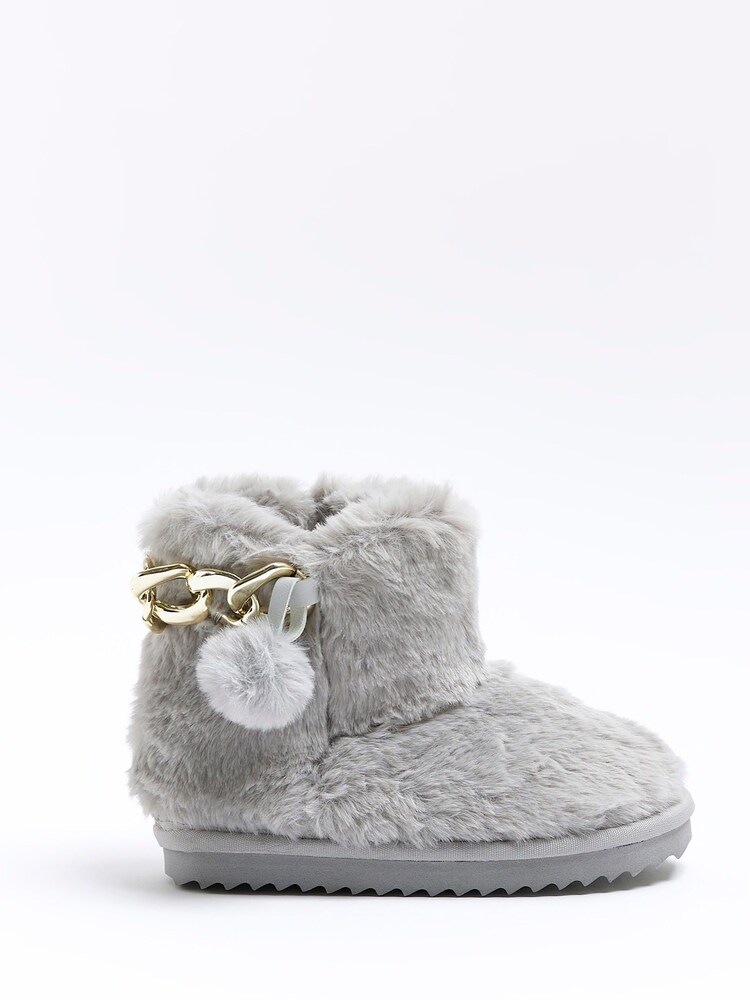 River Island Grey Faux Fur Slipper Boots - Image 1 of 5