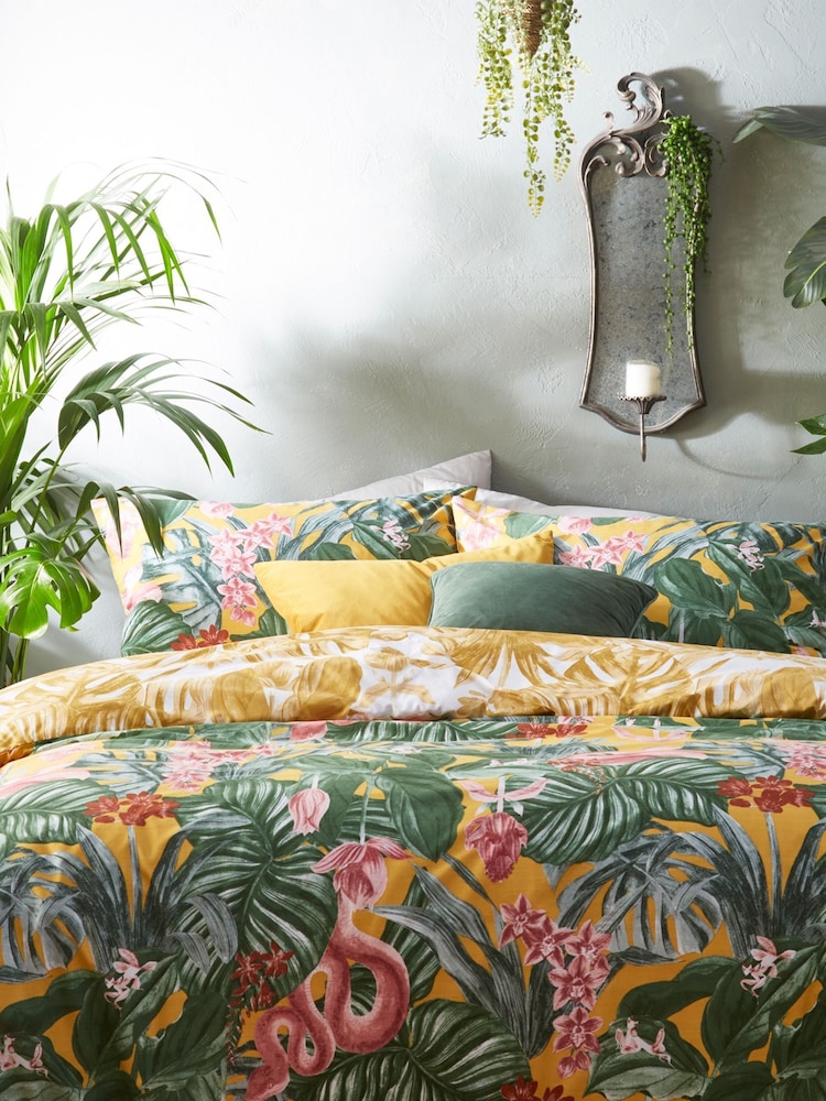 furn. Mustard Yellow Medinilla Tropical Reversible Duvet Cover And Pillowcase Set - Image 1 of 4