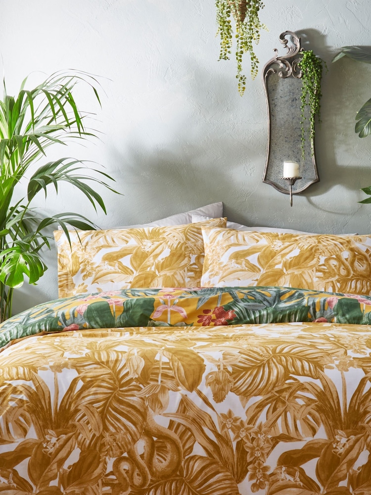 furn. Mustard Yellow Medinilla Tropical Reversible Duvet Cover And Pillowcase Set - Image 2 of 4 furn. Mustard Yellow Medinilla Tropical Reversible Duvet Cover And Pillowcase Set - Image 2 of 4