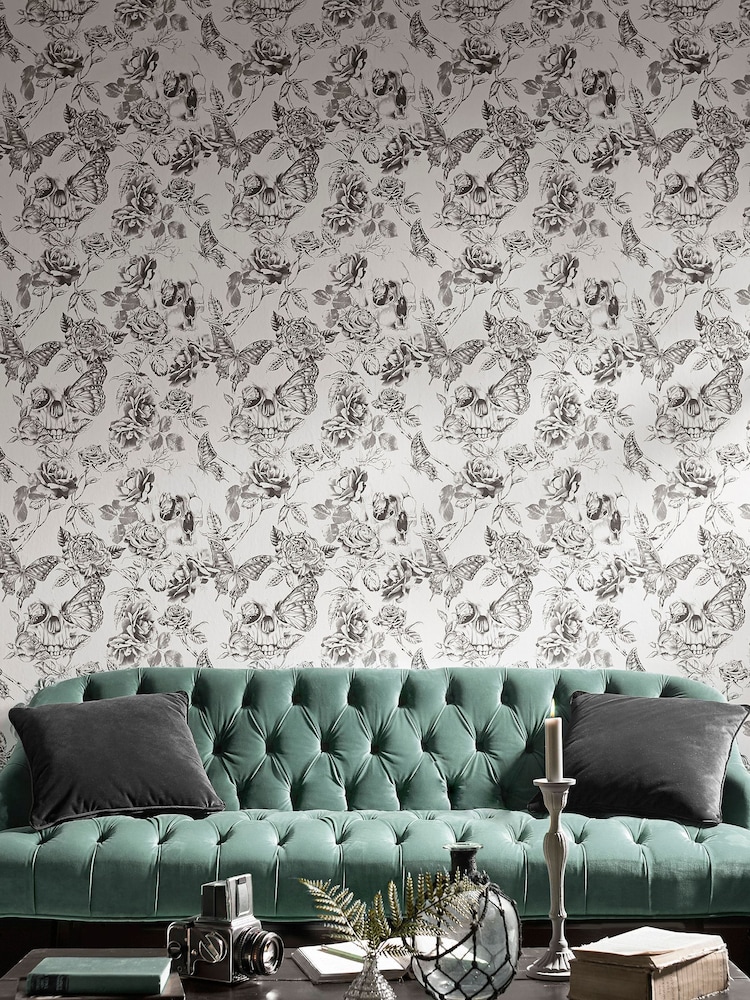 Graham & Brown Black Skull Roses 10M Wallpaper - Image 1 of 3