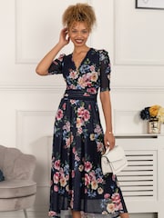Jolie Moi Blue Haizley Floral Print Mesh Maxi Dress - Image 1 of 5