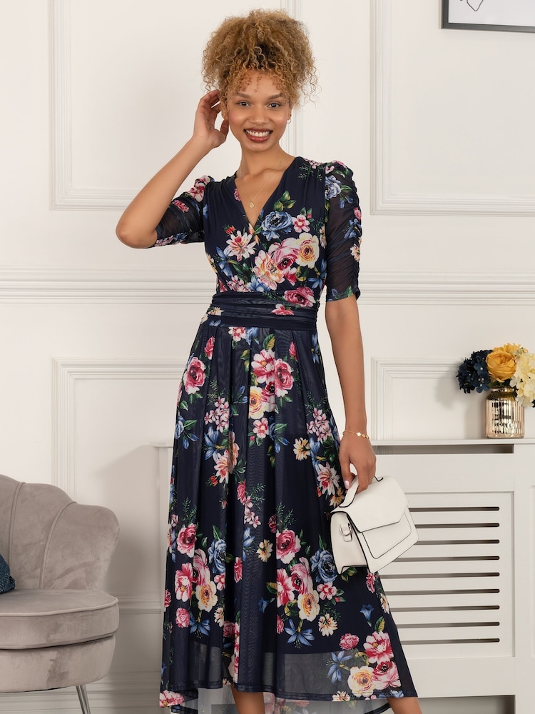 Jolie Moi Blue Haizley Floral Print Mesh Maxi Dress - Image 1 of 5