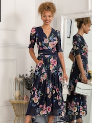 Jolie Moi Blue Haizley Floral Print Mesh Maxi Dress - Image 4 of 5