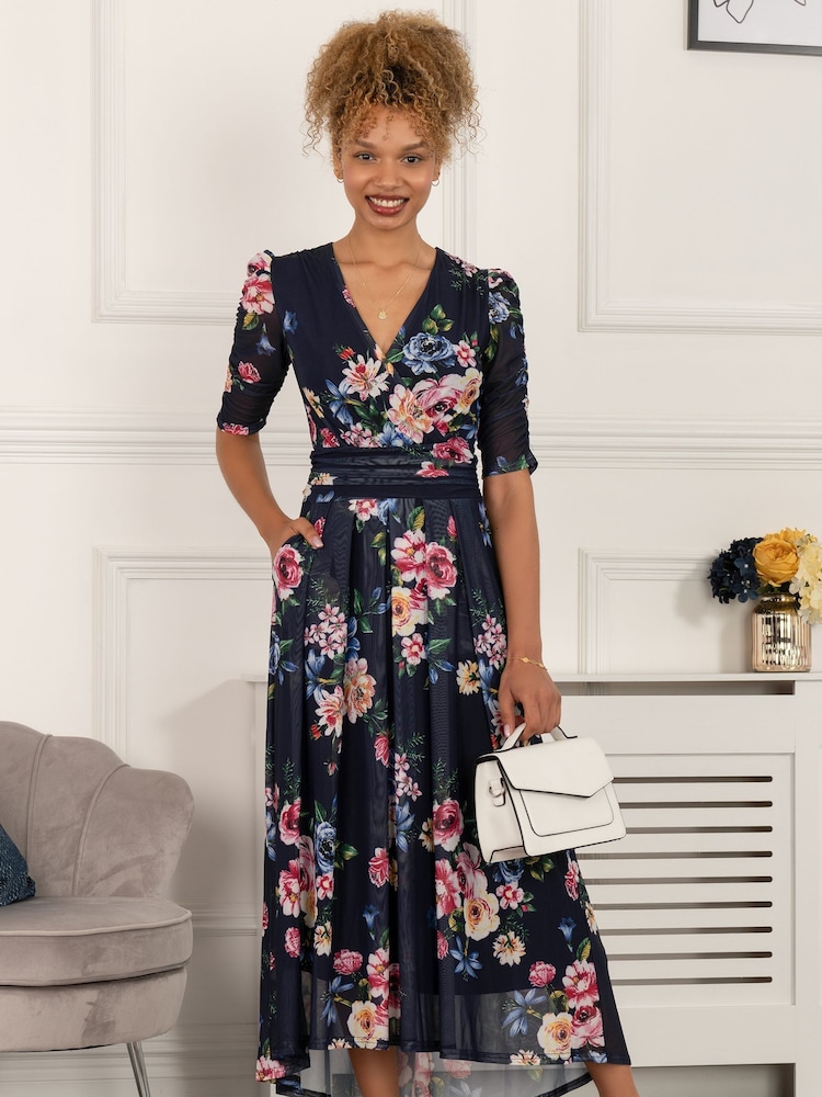 Jolie Moi Blue Haizley Floral Print Mesh Maxi Dress - Image 5 of 5
