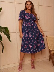 Chi Chi London Blue Curve Square Neck Ditsy Floral Midi Dress - Image 1 of 4