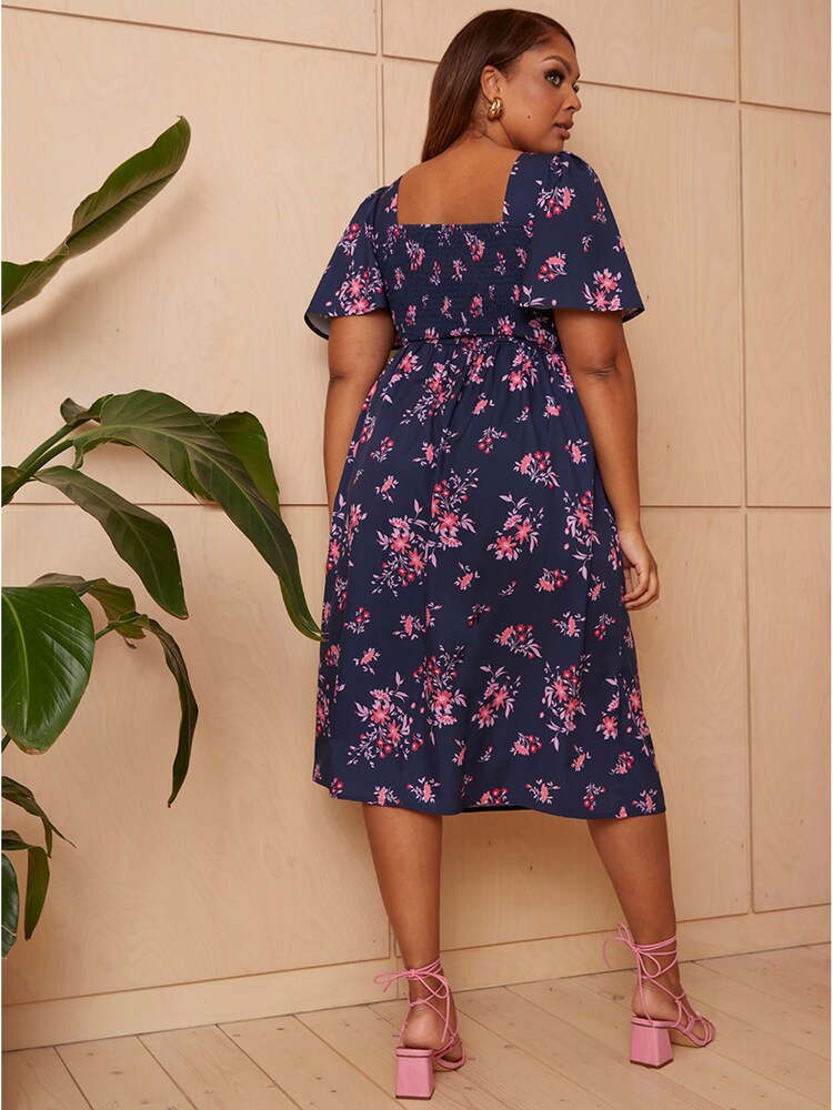 Chi Chi London Blue Curve Square Neck Ditsy Floral Midi Dress - Image 2 of 4