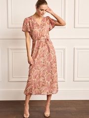 Pink Paisley V-Neck Chiffon Tie Waist Midi Dress - Image 1 of 5