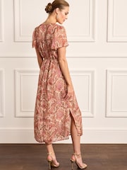 Pink Paisley V-Neck Chiffon Tie Waist Midi Dress - Image 2 of 5