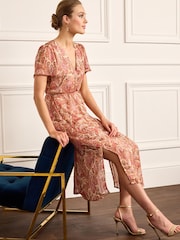 Pink Paisley V-Neck Chiffon Tie Waist Midi Dress - Image 3 of 5