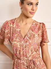 Pink Paisley V-Neck Chiffon Tie Waist Midi Dress - Image 4 of 5