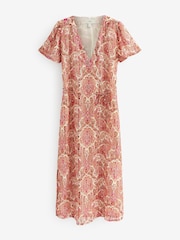 Pink Paisley V-Neck Chiffon Tie Waist Midi Dress - Image 5 of 5