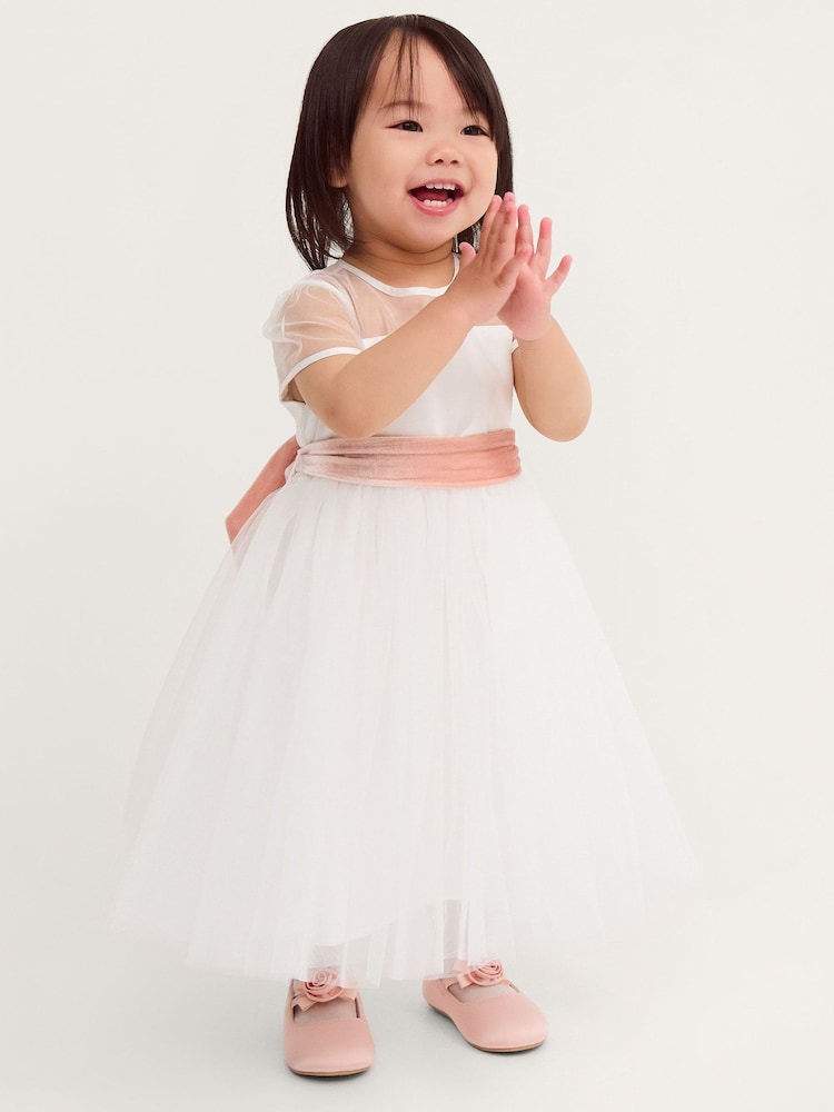 Monsoon Cream Baby Velvet Bow Bridesmaid Dress - Image 1 of 4