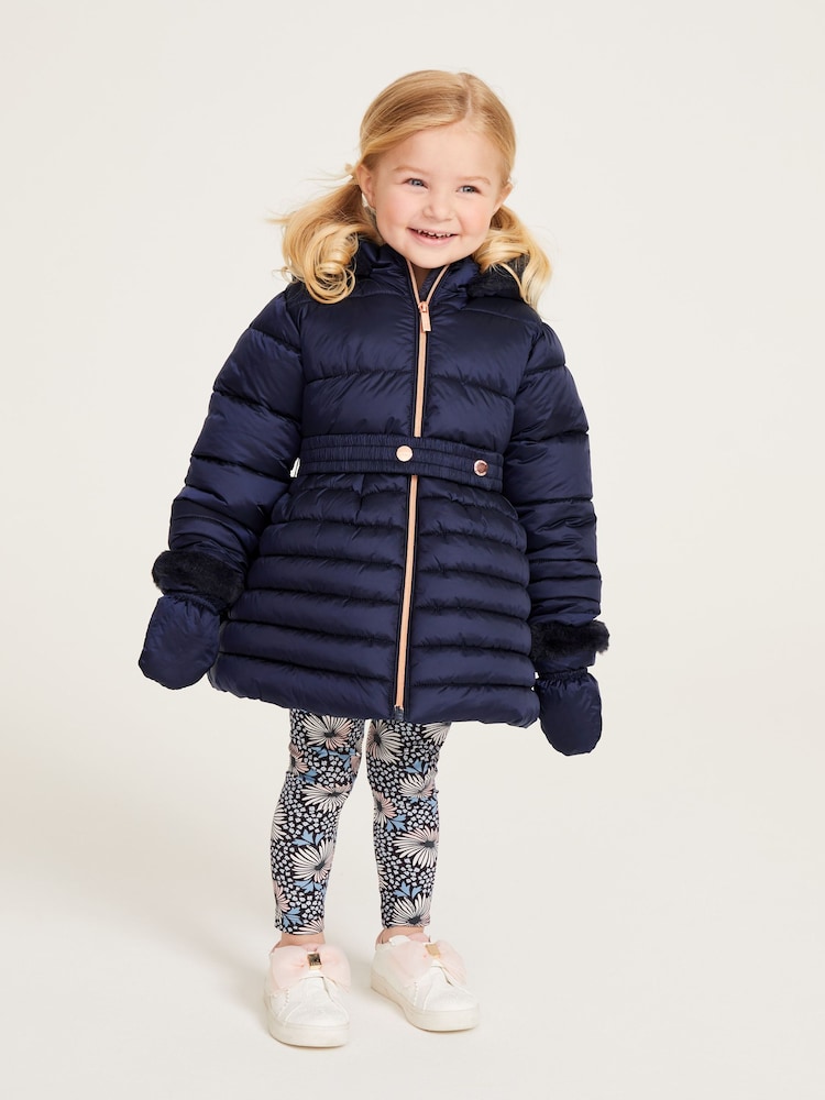 Baker by Ted Baker Shower Resistant Navy Skirted Coat With Mittens - Image 1 of 15 Baker by Ted Baker Shower Resistant Navy Skirted Coat With Mittens - Image 1 of 15