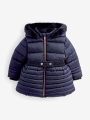 Granatowy płaszcz nieprzemakalny Baker by Ted Baker z rozkloszowanym dołem i rękawiczkami - Image 11 of 15