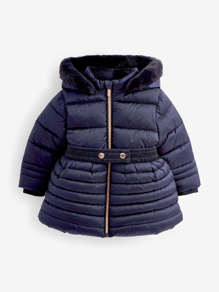 Granatowy płaszcz nieprzemakalny Baker by Ted Baker z rozkloszowanym dołem i rękawiczkami - Image 11 of 15