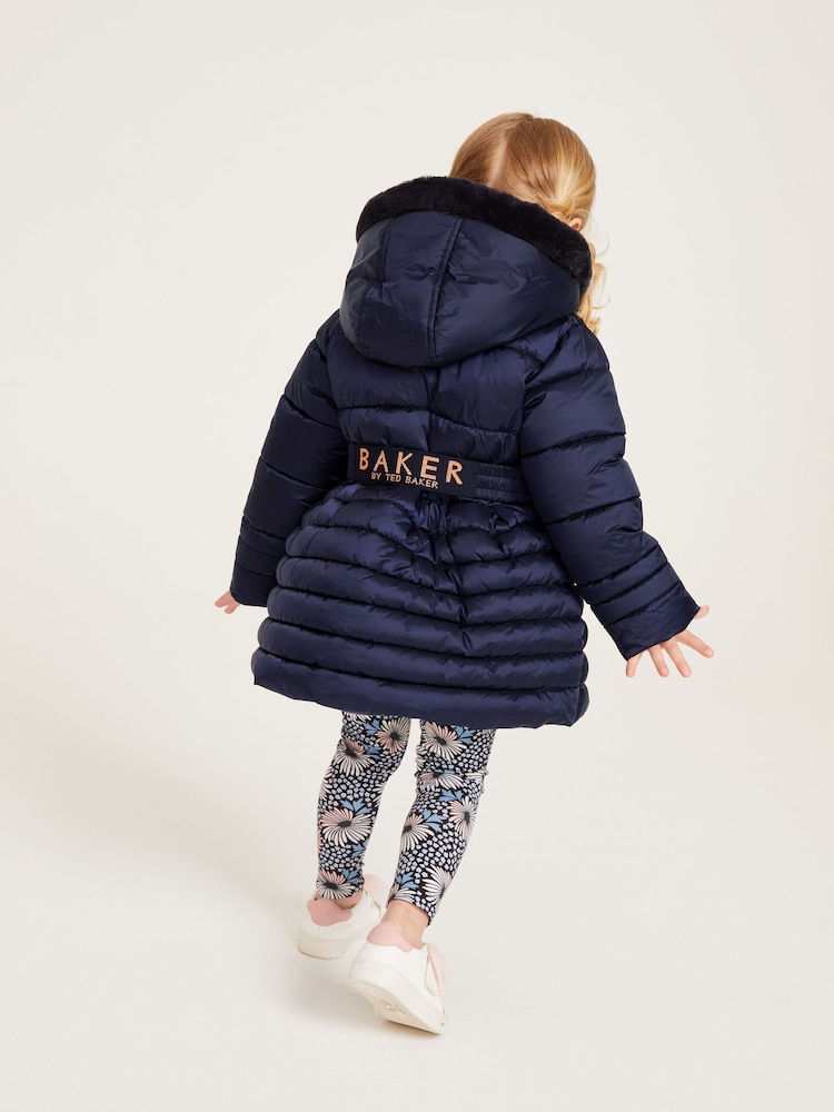 Granatowy płaszcz nieprzemakalny Baker by Ted Baker z rozkloszowanym dołem i rękawiczkami - Image 5 of 15