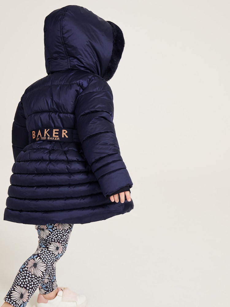Granatowy płaszcz nieprzemakalny Baker by Ted Baker z rozkloszowanym dołem i rękawiczkami - Image 6 of 15