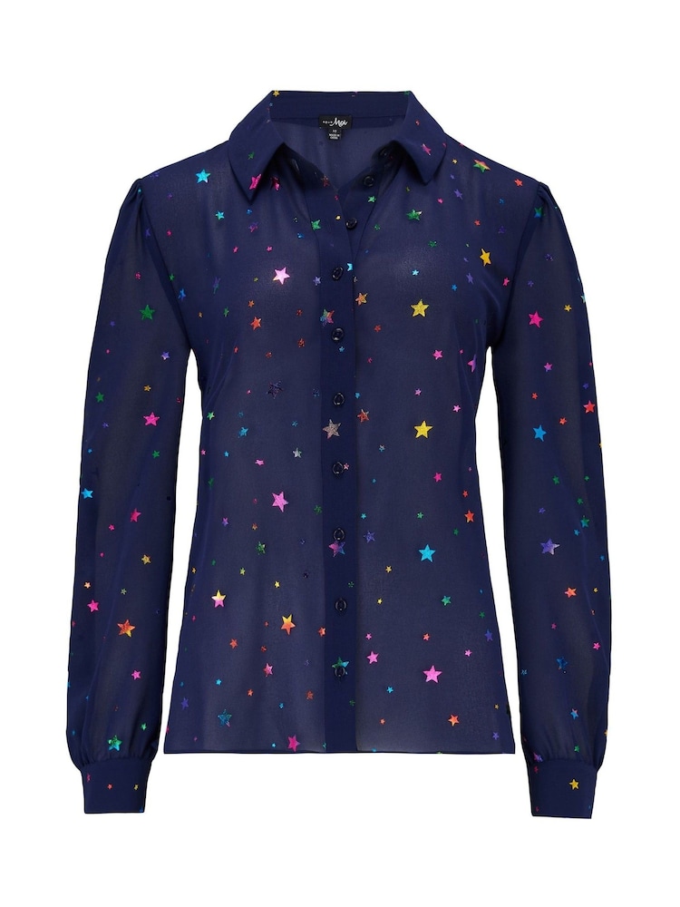 Pour Moi Blue Multi Star Natalya Chiffon Shirt - Image 3 of 4