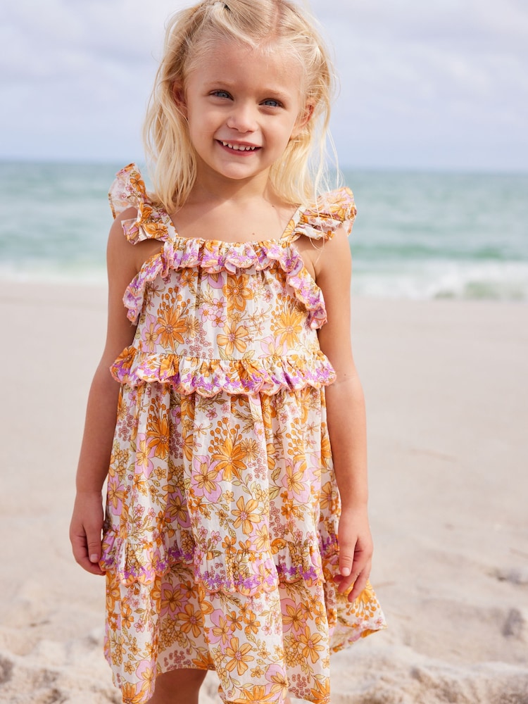 Purple/Orange Floral Tiered Cotton Dress (3mths-8yrs) - Image 1 of 7 Purple/Orange Floral Tiered Cotton Dress (3mths-8yrs) - Image 1 of 7