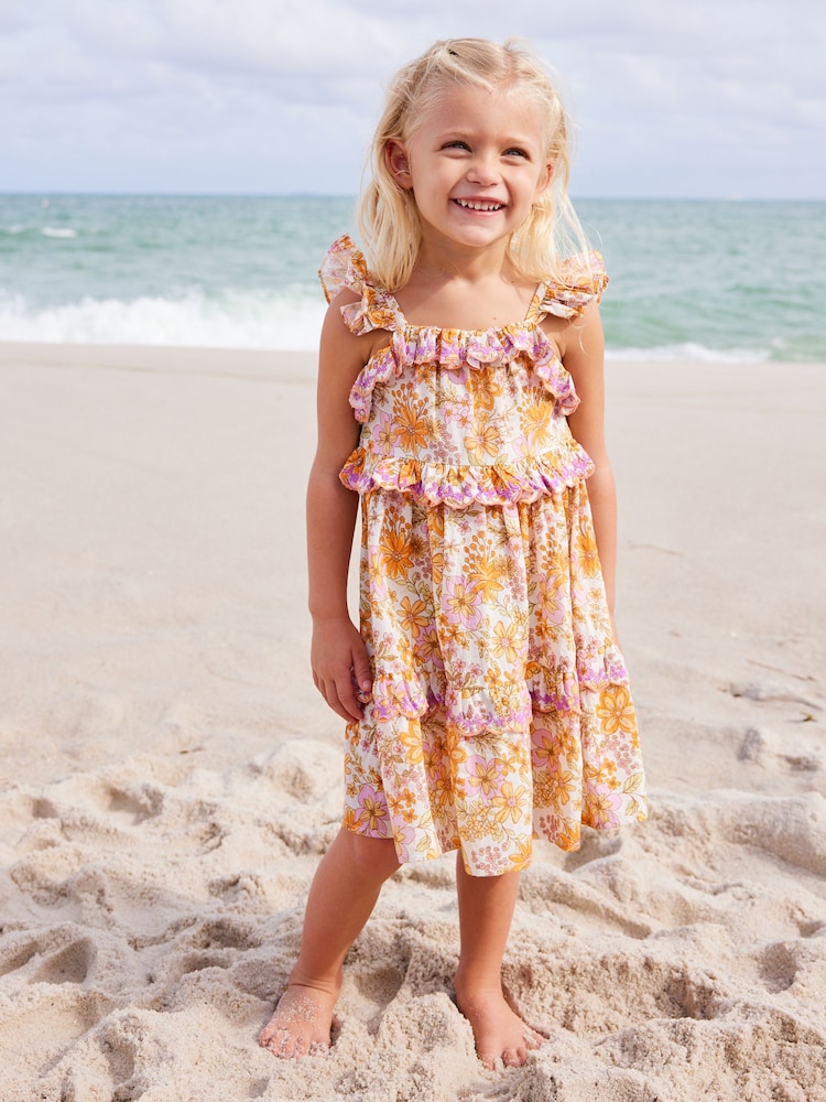 Purple/Orange Floral Tiered Cotton Dress (3mths-8yrs) - Image 2 of 7 Purple/Orange Floral Tiered Cotton Dress (3mths-8yrs) - Image 2 of 7