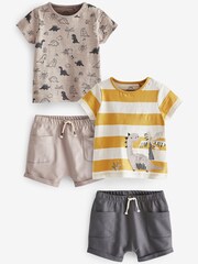 Neutral/Ochre Yellow Dinosaur 4 Piece Baby T-Shirts And Shorts Set - Image 1 of 2