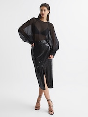Reiss Black Dakota Sequin Pencil Skirt - Image 3 of 6