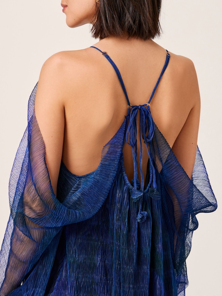 Navy Blue Floral Crinkle Mesh Volume Cami Maxi Dress - Image 4 of 4