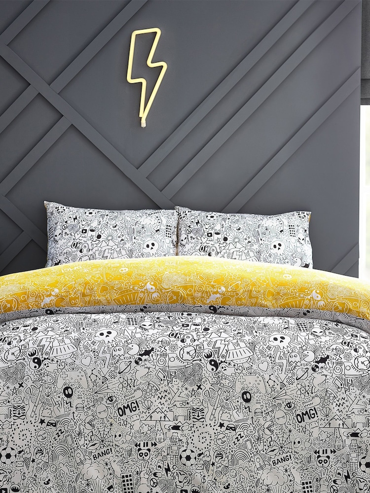 furn. White/Black Doodle Abstract Reversible Duvet Cover and Pillowcase Set - Image 1 of 6