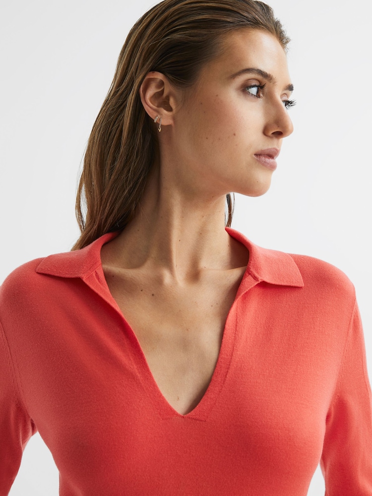 Reiss Coral Nellie Knitted Collared V-Neck Top - Image 1 of 5