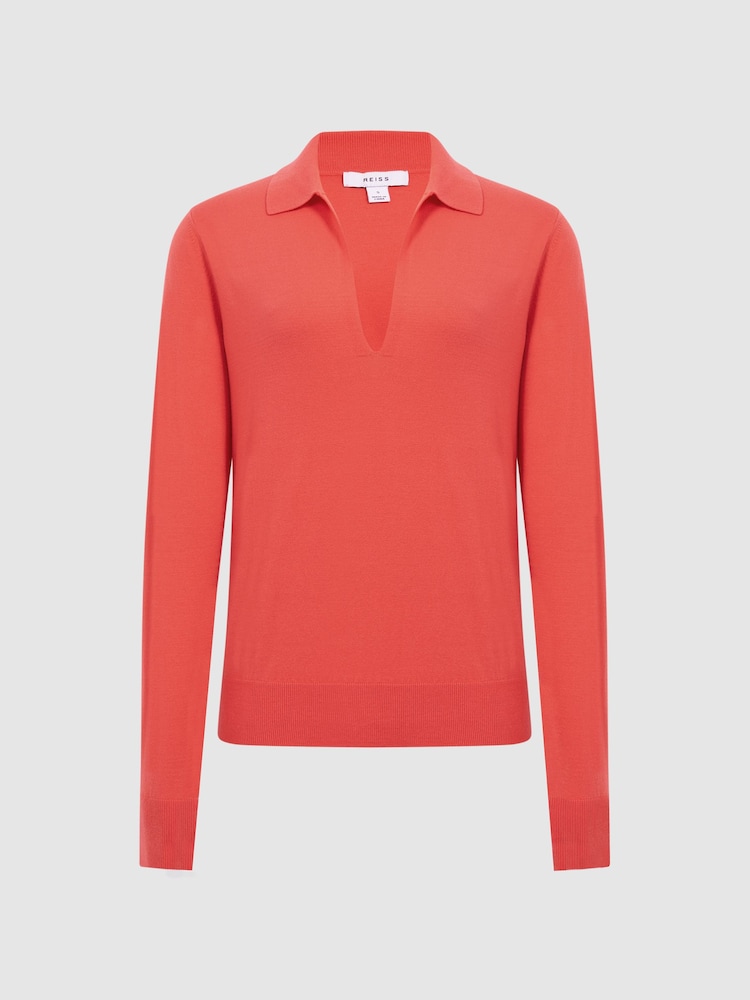 Reiss Coral Nellie Knitted Collared V-Neck Top - Image 2 of 5