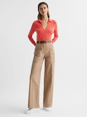 Reiss Coral Nellie Knitted Collared V-Neck Top - Image 3 of 5