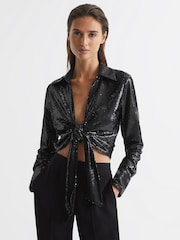 Reiss Black Hannah Tie Front Sequin Top - Image 1 of 7