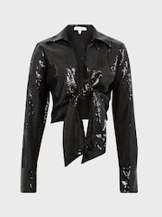 Reiss Black Hannah Tie Front Sequin Top - Image 2 of 7