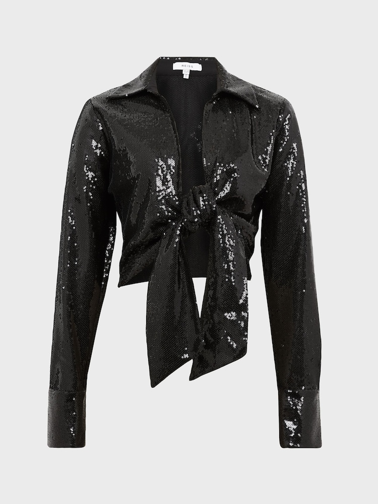 Reiss Black Hannah Tie Front Sequin Top - Image 2 of 7