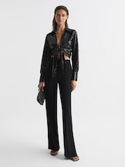 Reiss Black Hannah Tie Front Sequin Top - Image 3 of 7