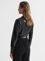 Reiss Black Hannah Tie Front Sequin Top - Image 5 of 7