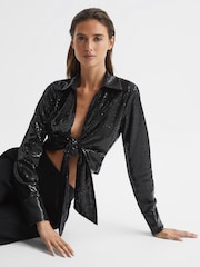 Reiss Black Hannah Tie Front Sequin Top - Image 6 of 7