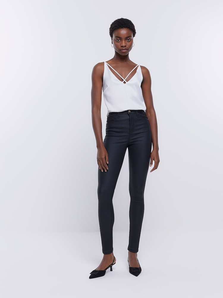River Island Black High Rise Coated Skinny Jeans - Image 1 of 6