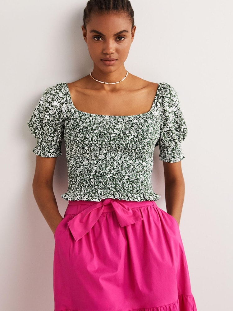 Boden Green Square Neck Smocked Jersey Top - Image 1 of 4