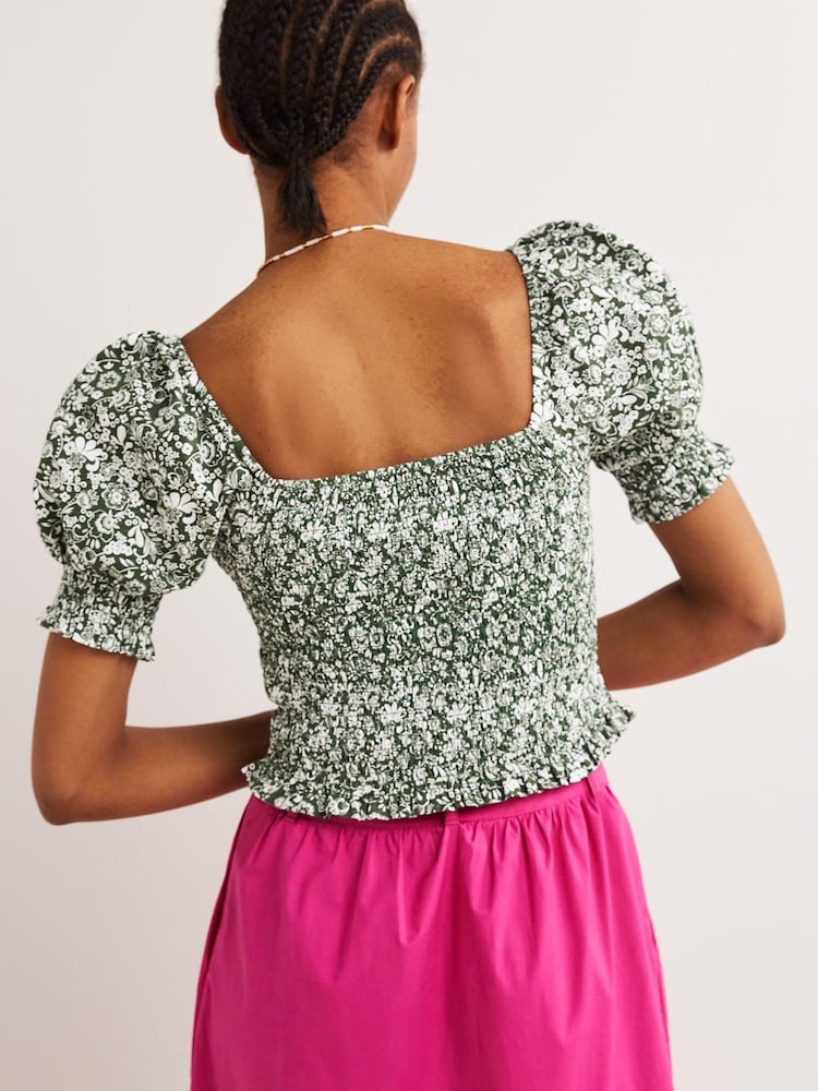 Boden Green Square Neck Smocked Jersey Top - Image 2 of 4