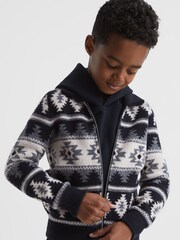 Reiss Navy Elias Navajo Print Zip-Through Jumper - Image 1 of 5
