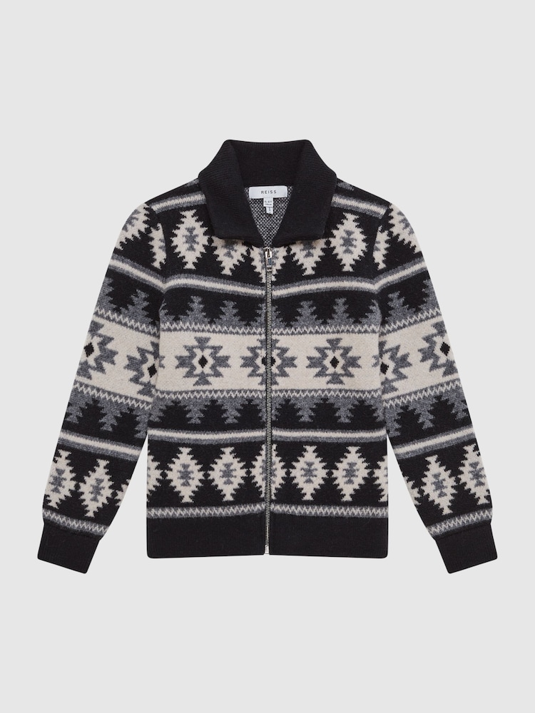 Reiss Navy Elias Navajo Print Zip-Through Jumper - Image 2 of 5