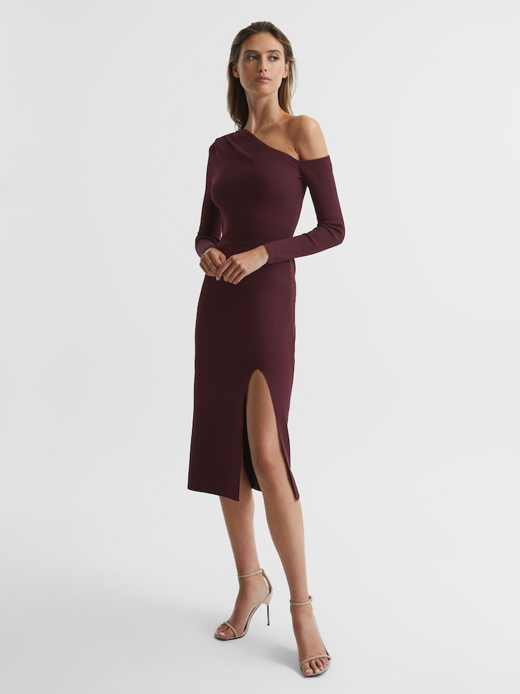 Reiss Burgundy Lissy Knitted Bodycon Midi Dress - Image 1 of 6