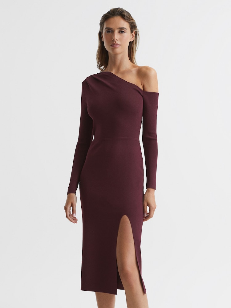 Reiss Burgundy Lissy Knitted Bodycon Midi Dress - Image 6 of 6
