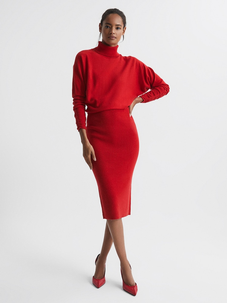 Reiss Red Fallon Wool Blend Roll Neck Dress - Image 1 of 5