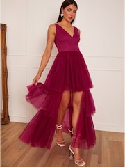 Chi Chi London Red V-Neck Tiered Tulle Dip Hem Dress - Image 1 of 5