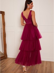 Chi Chi London Red V-Neck Tiered Tulle Dip Hem Dress - Image 2 of 5