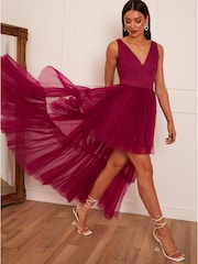Chi Chi London Red V-Neck Tiered Tulle Dip Hem Dress - Image 3 of 5