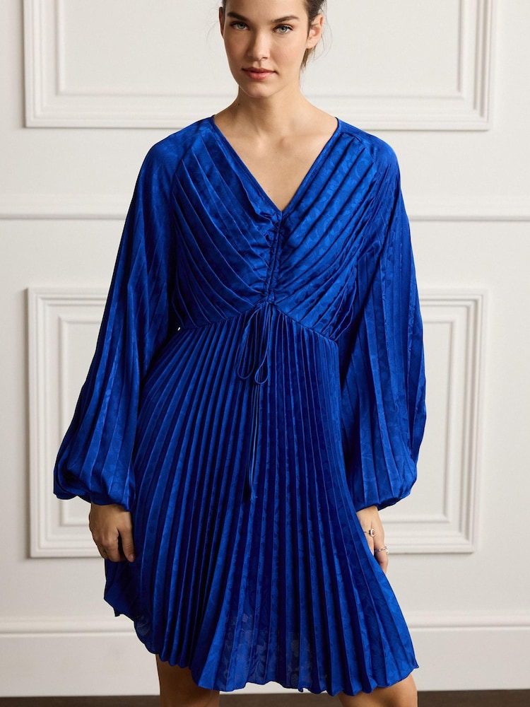 Blue Pleated Occasion Long Sleeve Mini Dress - Image 1 of 5